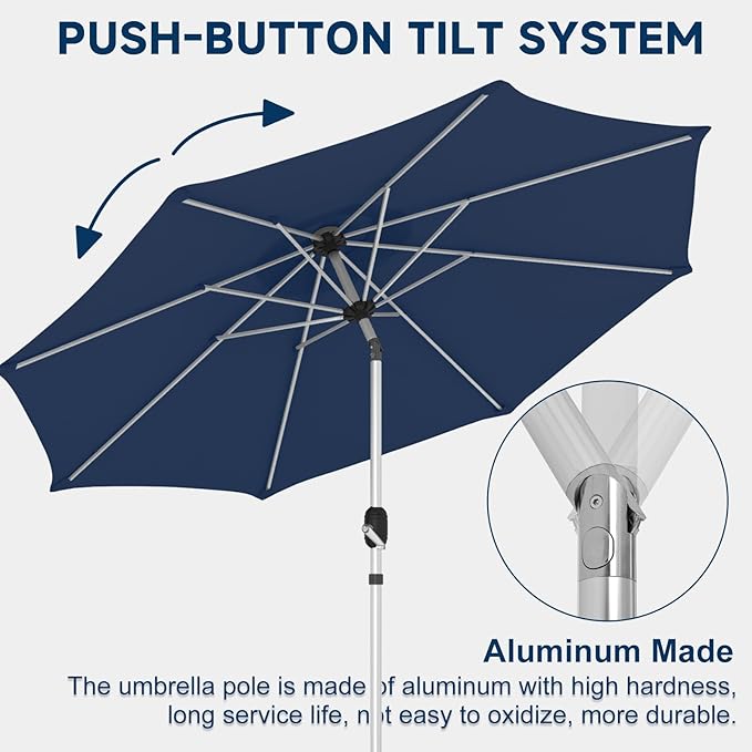 10FT Aluminum Outdoor Patio Umbrella, Fade-Resistant Market Umbrella with Push Button Tilt Function, 8 Sturdy All-Aluminum Ribs for Gardens, Patios, Backyards & Pools