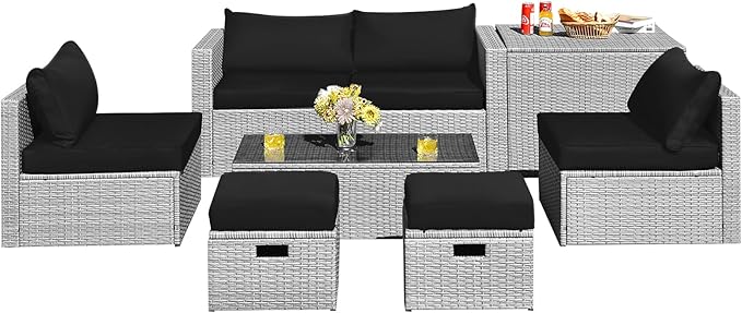 DORTALA 8 Pieces Patio Furniture Set, PE Rattan Sectional Sofa Set with Tempered Glass Table & Waterproof Cushions, Outdoor Wicker Conversation Set for Balcony, Poolside, Black