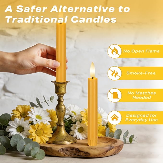 Yellow Flameless Taper Candles with Remote, 6.4" Battery Operated LED Candles, Flickering Flameless Candlesticks for Table Centerpieces, Wedding, Farmhouse, Dinner Decor, Set of 6