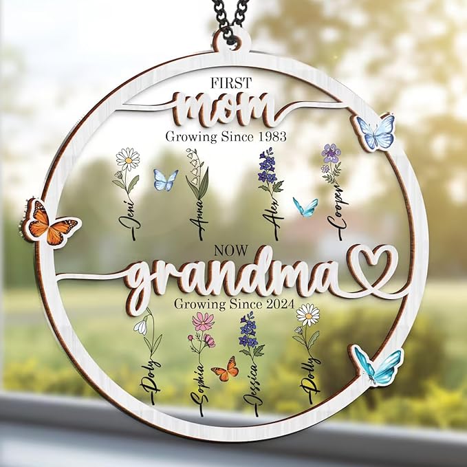 Personalized for Grandma - Birth Flower Grandma's Garden Window Hanging Suncatcher - Mother's Day, Custom Stained Glass Gift for Mom (Grandma's Garden)