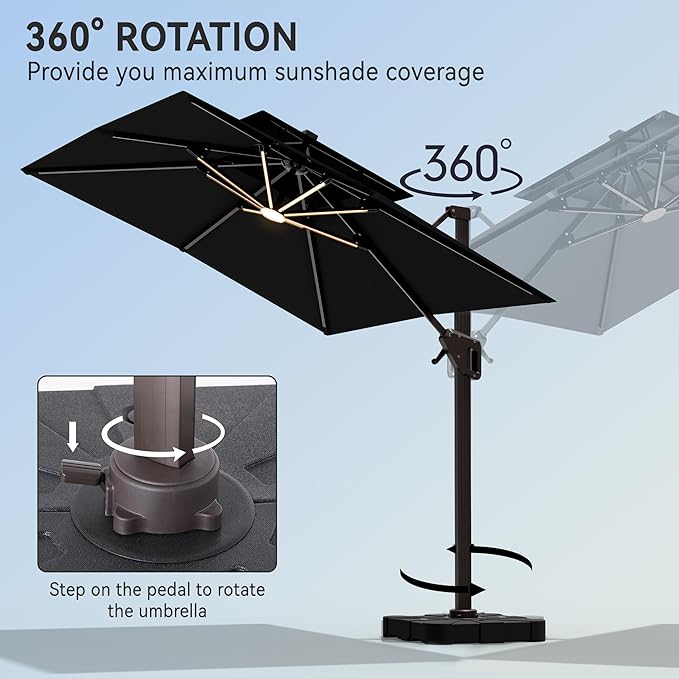 9' X 12' Cantilever Patio Umbrella with Base Included and Led Lights Double Top Rectangular Outdoor Large Offset Umbrellas with 7 Tilts Adjustable 360°Rotation for Deck Pool Garden Backyard, Black