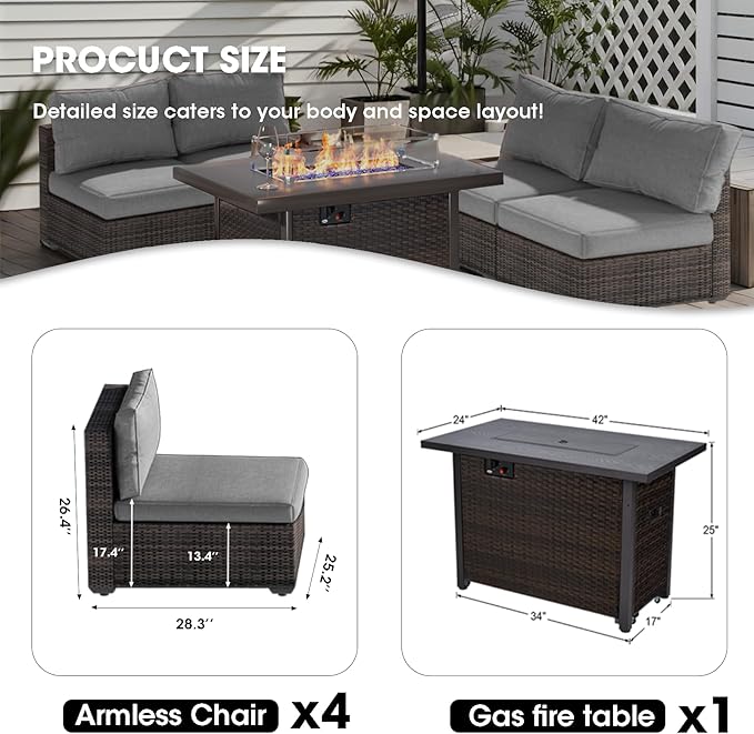 Outdoor Sectional Furniture, 5 Piece Patio Furniture Set with 42-inch Fire Wicker Propane Fire Pit Table - All Weather Wicker Rattan Couch Sofa Conversation Set for Backyard Lawn Poolside Deck, Grey