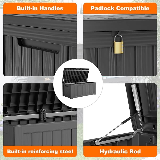 PatioZen 150 Gallon Deck Box,Resin Outdoor Storage Box with Lockable for Patio Furniture, Pool Tools, Garden Tools Waterproof Outside Storage Box, Black