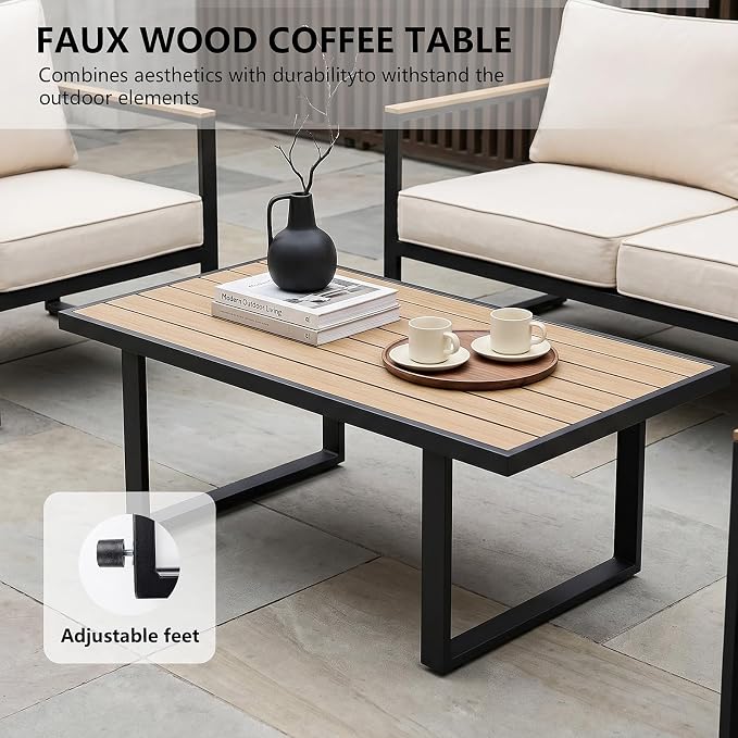 Modern Patio Furniture Set, 4 Pieces Outdoor Conversation Set with Coffee Table, Metal Patio Furniture with 4" Washable Foam Cushions, Ships in 1 Box, Beige