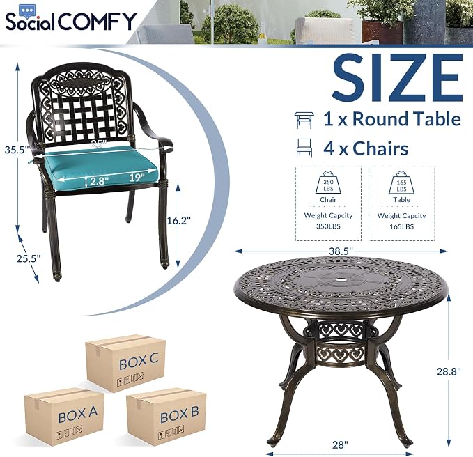 5-Piece Outdoor Patio Dining Set, All-Weather Cast Aluminum Furniture Conversation Set, Include 4 Cushioned Chairs and a 38.5” Round Table with Umbrella Hole for Balcony, Lawn, Ocean Blue