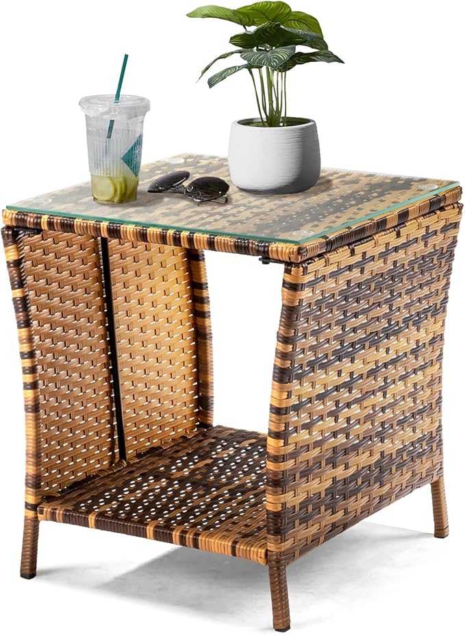 Outdoor Wicker Rattan Side Table, Square Rattan Coffee End Table Patio Wicker Table with Tempered Glass Top and Storage for Patio Garden Balcony (Yellow Gradient)