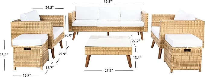 SAFAVIEH Outdoor Collection Presla Natural/White 6-Piece Patio Living Set PAT7715D-3BX