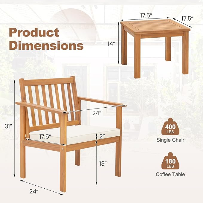 Tangkula 3 Pieces Patio Wood Furniture Set, Acacia Wood Chairs and Coffee Table Set with Soft Cushions, Slatted Design, Outdoor Furniture Set for Porch, Yard, Balcony (White)