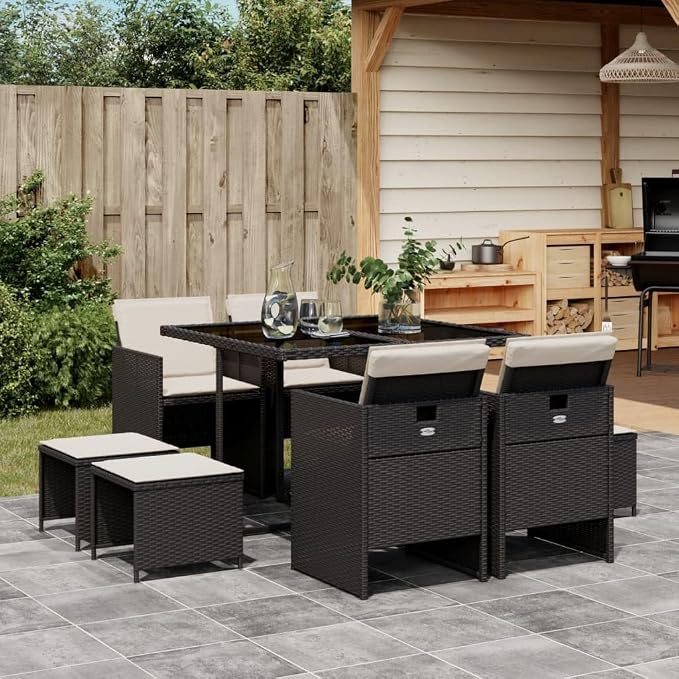 9 Piece Patio Dining Set with Cushions Black Poly Rattan Outdoor Furniture Table and 4 Chairs with Stools Folding Backrest for Garden Backyard Porch Dining Entertaining UV-Proof Tempered Glass Top