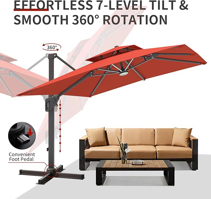 10 X 13 FT Cantilever Patio Umbrella with Led Lights Outdoor Rectangle Offset Large Double Top Heavy Duty Umbrellas with 360°Rotation for Pool Deck Backyard Garden, Wine Red