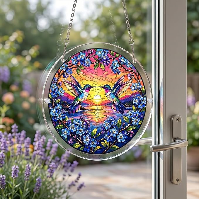 Acrylic Puzzle Suncatcher, Hummingbird & Flower Sun Catcher Jigsaw Puzzle Window Hanging, Acrylic Puzzles Kit Home Garden Decor, for Mom, Wife, Sisters, 7.87 inch