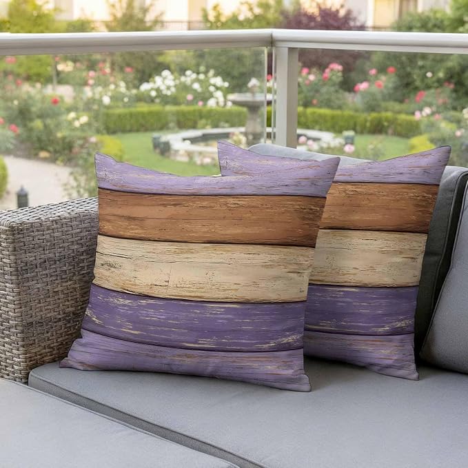 Farmhouse Purple Brown Outdoor Waterproof Pillow Covers, Vintage Wooden Striped Decorative Square Throw Pillowcase Sofa Cushion Sham for Patio/Couch/Chair, 26"x26" 2 Pack