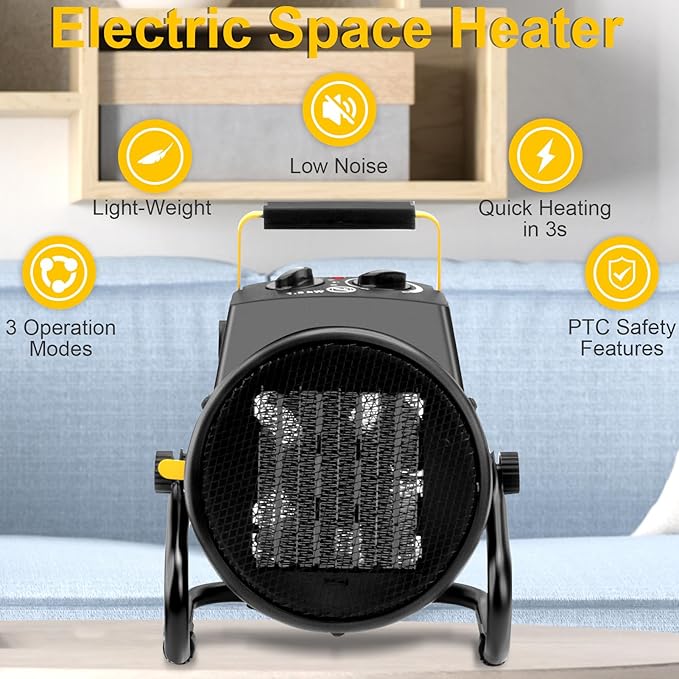 1500W Portable Garage Heater, Electric Outdoor Heater with Fast Heating & Overheat Protection, Patio and Greenhouse Space Heater for Indoor or Outdoor Use（Yellow）