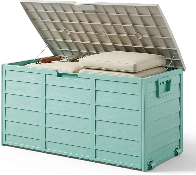75 Gallon Outdoor Storage Deck Box, Weatherproof Resin Garden Storage Bin with Wheels and Handles, Lockable Toy Chest & Patio Cushion Box for Yard and Pool, Mint Green