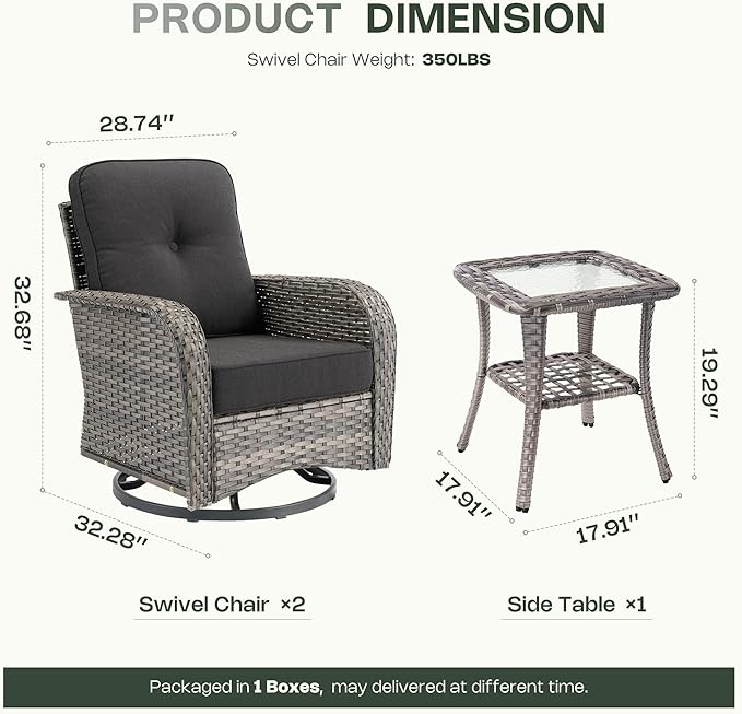 3-Piece Patio Furniture Set, Outdoor Wicker Furniture with Coffee Table, High Back Swivel Rocker Patio Chairs, Modern Rattan Outdoor Chairs Conversation Set for Porch, Balcony, Garden, Black