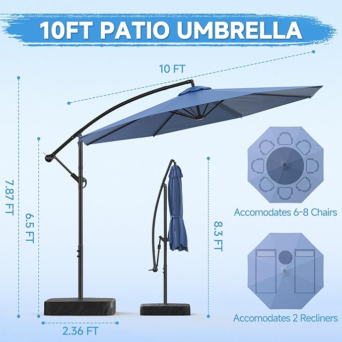 SUNYRISY 10ft Outdoor Patio Umbrella with Base Included, Large Cantilever Offset Umbrella with Sandbag Base Included for Deck, Pool, Porch, and Backyard Shade, Easy to Tilt and Crank