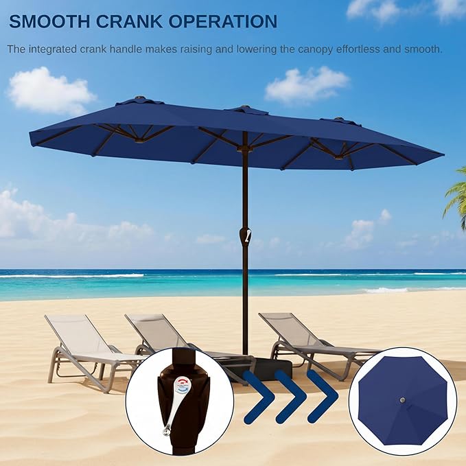 15FT Large Patio Umbrella with Base, Double Sided Rectangular Outdoor Umbrella with Sturdy Fiberglass Ribs, UPF 50+ Sun Protection, Wind-Resistant, Waterproof Fade-Resistant Fabric for Pool, Garden, Backyard, Deck(Navy)