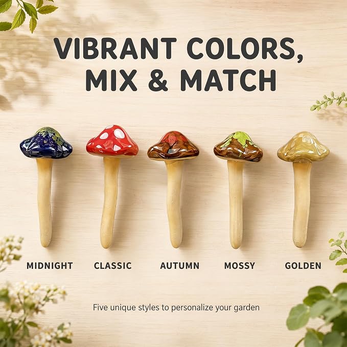 5 Pcs Ceramic Mushrooms for Garden Decor, Outdoor Fairy Garden, Yard | 4.7" Tall Pottery Mushroom Statues, Colorful Outside Ornaments for Lawn, Patio, Indoor Plant Flower Pots