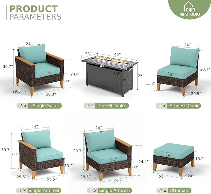 MFSTUDIO 7 Piece Patio Furniture Set with Fire Pit Table, 2 x Single Chair, 2 x Ottoman, 3-Seat Sofa, All-Weather PE Rattan Patio Conversation Set Sectional Sofa for Garden(Aqua Blue Cushions)