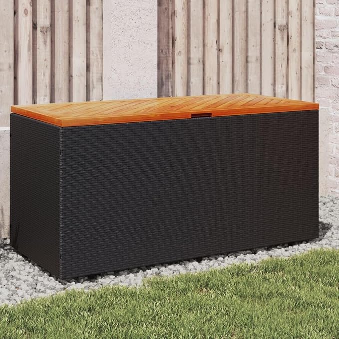 Gecheer Patio Rattan Deck Box Patio Storage Box Black 43.3"x19.7"x21.3" Poly Rattan Acacia Wood