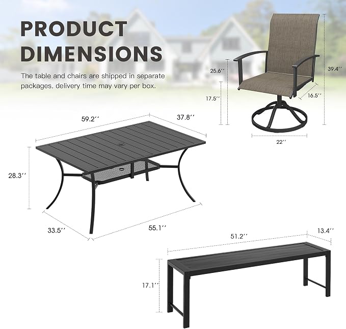 6 Pieces Patio Dining Set for 6-7 People, 59.2" Rectangular Patio Dining Table and Chairs Set with Outdoor Bench for Garden Deck, Mixed Brown & Black