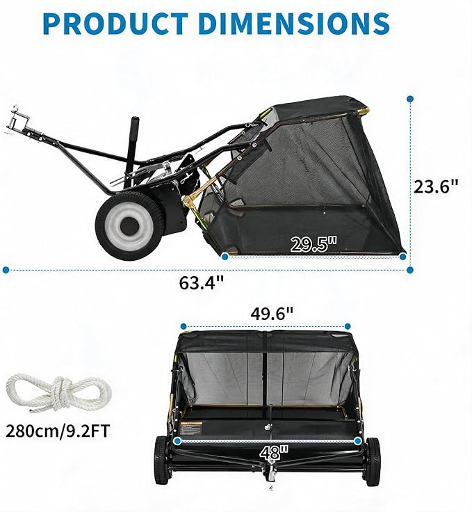 48" Tow Behind Lawn Sweeper, 16 cu. ft Capacity Leaf & Grass Collector-Adjustable Sweeping Height, Dumping Rope Design for Efficient Debris & Grass Cleanup on Yards, Driveways & Sidewalks