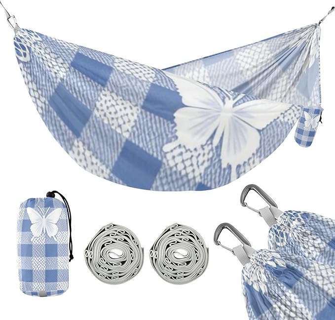 Lovely Blue Lace Butterfly Plaid 330lb Capacity Hammocks with Hanging Rope Hanging Hammock for Outside Patio Backyard Poolside hamaca para acampar