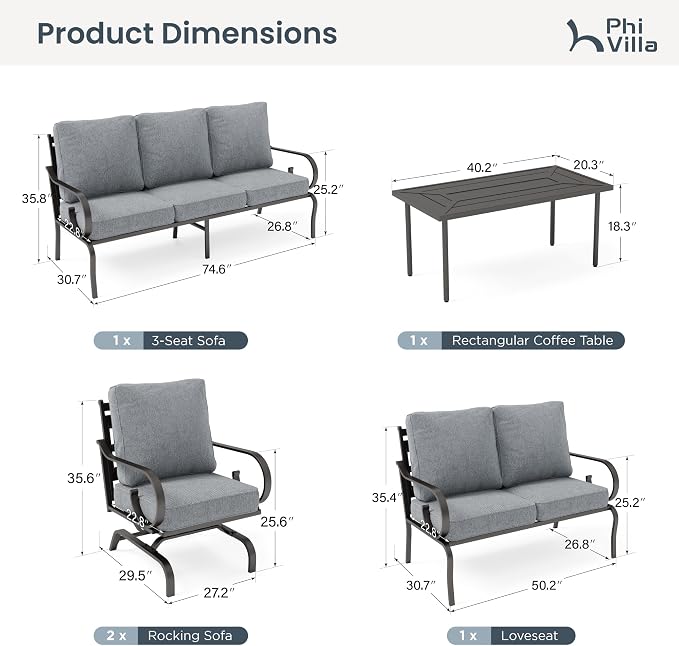 PHI VILLA Patio Furniture Set, 1 Loveseat, 3-Seater Sofa, 2 Rocking Chairs and a Coffee Table, Outdoor Metal Conversation Set with 5.75" Extra Thick Cushion for Garden Backyard Deck, Grey