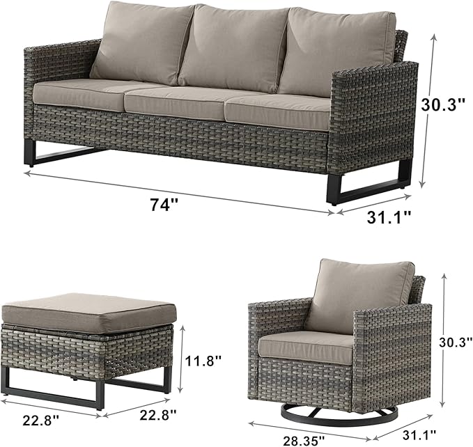 Rilyson Wicker Outdoor Patio Furniture Set - 7 Piece Patio Conversation Set with 4 Swivel Rocker Chairs,2 Rattan Ottoman and 1 Couch for Outside Porch Deck Backyard(Mixed Grey/Grey)