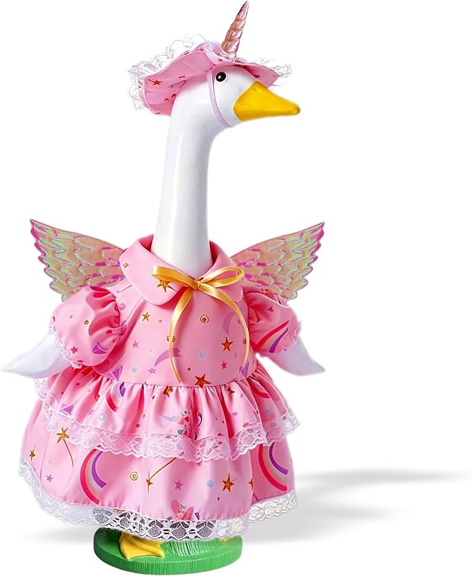 Pink Unicorn Porch Goose Outfits for 23 Inch Lawn Statue, Dress with Wings Hat Colorful Horn Set, Garden Party Birthday Outdoor Decoration, Costume for Plastic Cement Goose