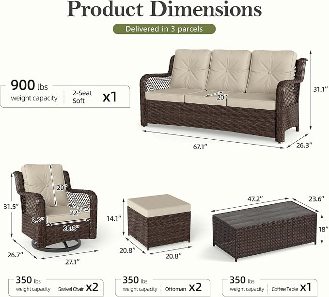 Outdoor Patio Furniture Set with Swivel Chairs and Ottoman, 6 Pieces All-Weather Wicker Patio Conversation Sets with Sofa and Coffee Table for Backyard, Porch, Balcony, Beige