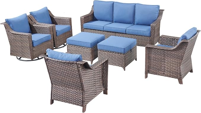 Patio Furniture Sets-Outdoor Wicker Rattan Sofa Couch with Swivel Glider Chair Outdoor Furniture Conversation Set for Porch Garden Backyard Poolside-Brown/Blue