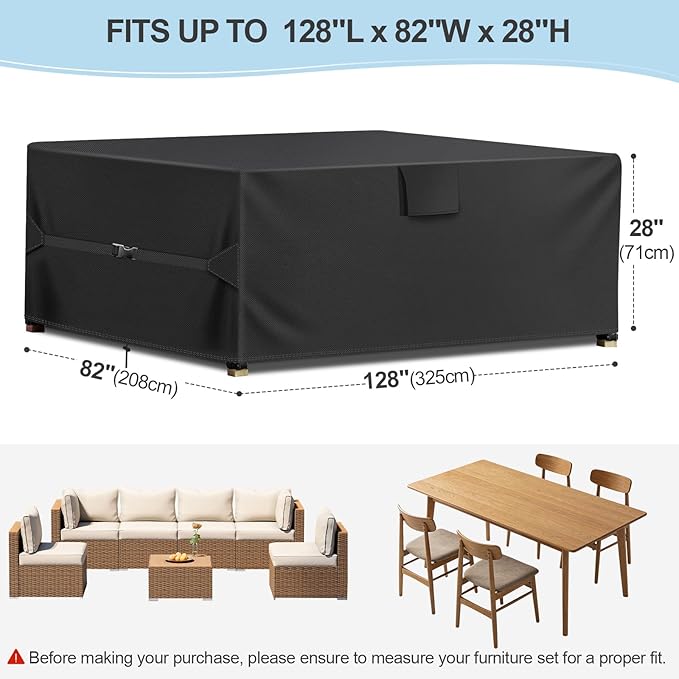 Patio Furniture Covers, 128"L X 82"W X 28"H, 600D Outdoor Table Cover Waterproof, Rectangular Extra Large Heavy Duty Outdoor Furniture Covers for Patio Furniture, Patio Sofa Set Cover, Black