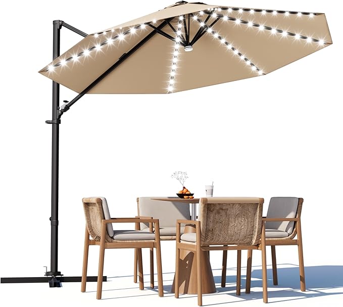 Greesum 10FT Outdoor Patio Umbrella with High Pedel and 4 Gear Heights, Large Offset Umbrella with Solar LED Lights and 360-degree Rotation, Without Base, Hanging Outdoor Shade for Garden, Brown
