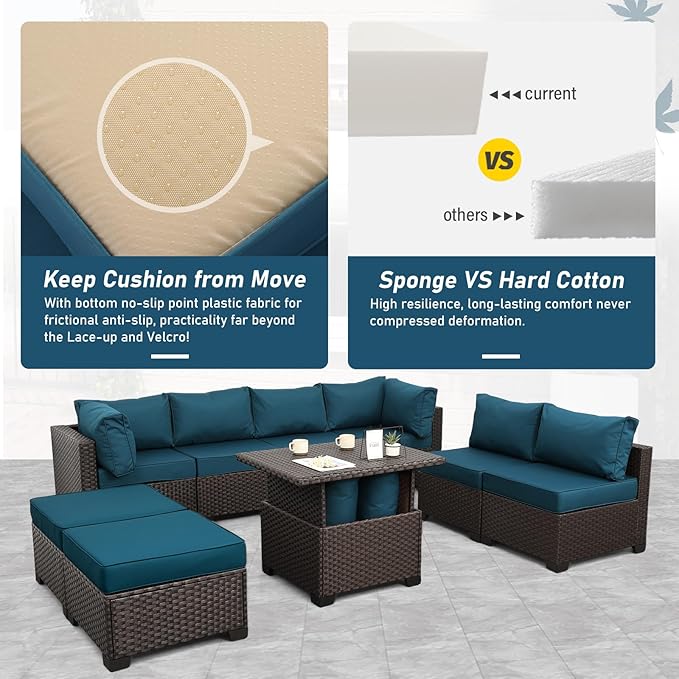 9 Pieces Wicker Patio Furniture Set Outdoor PE Rattan Sectional Conversation Sofa Set with Peacock Blue Cushions and Storage Table