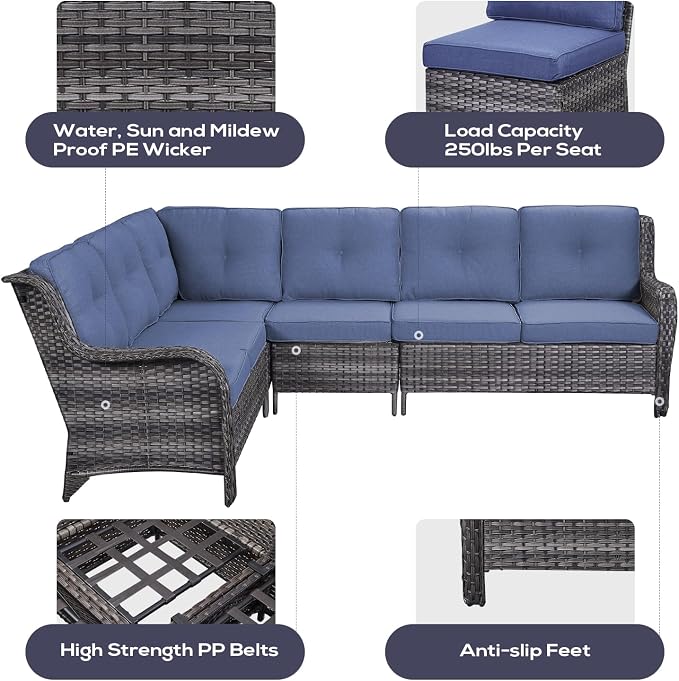 Belord Patio Furniture Set 6 Seats, Outdoor Swivel Rocker Patio Chairs, Oversized Outdoor Sectional Couch, Two 3-Seater Sofas with Coffee Table, Ideal for Porch, Deck, Gray Wicker/Blue