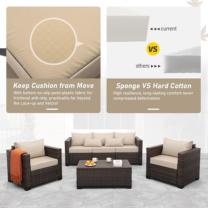 Outdoor Patio Furniture Set 4 Pieces Wicker Outdoor Furniture Chairs and Sofa Patio Storage Table Non-Slip Cushions and Waterproof Covers, Khaki