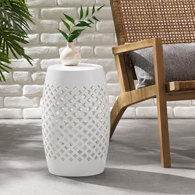 12" Outdoor Side Table, Decorative Cutout Metal Round Side Table, Multi Functional - Coffee Table, Night Stand, Plant Stand for Patio, Garden, Backyard, Gazebo Indoor (White)