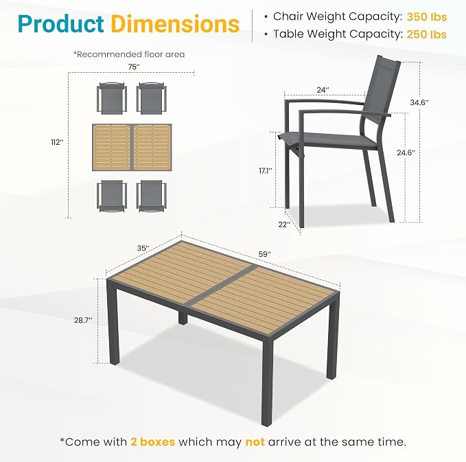 FansaFurn Patio Table and Chairs Set for 4, Outdoor Patio Furniture Set with Metal Textilene Chairs and Aluminum Table, All-Weather Outdoor Dining Set with HDPS Rectangular Tabletop for Patio Porch