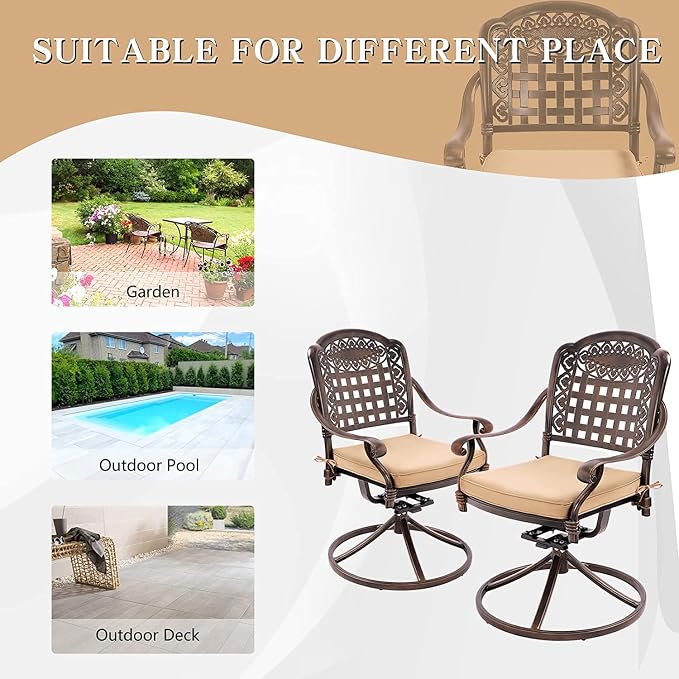 TITIMO 9-Piece Cast Aluminum Patio Furniture Set, Outdoor Patio Dining Set Bistro Conversation Set, Rectangular Dining Table Set w/Cushions Umbrella Hole (Khaki-Swivel Grid Chair, 9 Pcs)