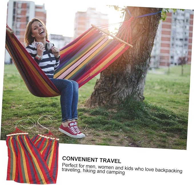 Single Person Traveling Hammock with Anti-tip Design, Rainbow Striped Canvas Cotton Outdoor Swing for Camping and Leisure Use