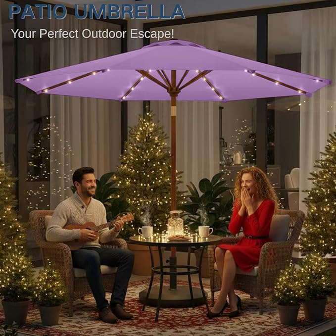 9' Solar LED Patio Umbrella with Tilt & Crank|8 Sturdy Ribs,UV Protection,Outdoor Market Table Umbrella for Deck,Lawn,Pool,Backyard(Taro Purple)