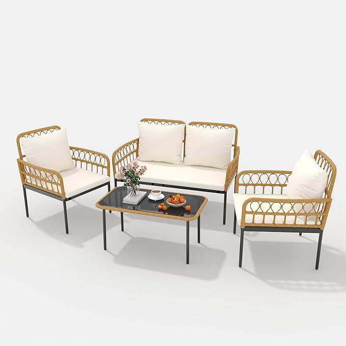 4 Pieces Outdoor Patio Furniture Set with Table - Rattan Balcony Furniture for Porch or Deck, Includes Chaise Lounge, 2 Armchairs with Cushions and Pillows for Porch Backyard Lawn Poolside Deck, Beige
