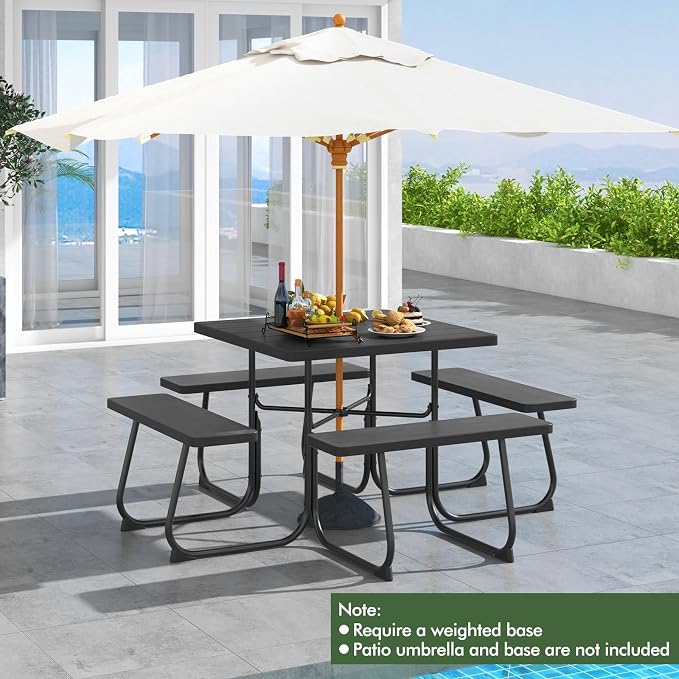 Square Picnic Table for 8 Person, Outside Table Bench Set w/ 4 Built-in Benches, Umbrella Hole, HDPE Top & Metal Frame, 2000LBS Capacity Outdoor Picnic Table for Garden, Porch, Patio (Black)