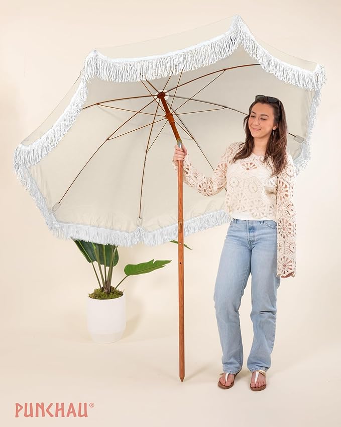 6 Ft Fringe Patio Umbrella - Outdoor Umbrella for Patio, Pool, Table, Garden, Deck, Beach, and Outdoors - Fashionable Boho Vintage Tassels & Wood Print - Push Button Tilt Pole