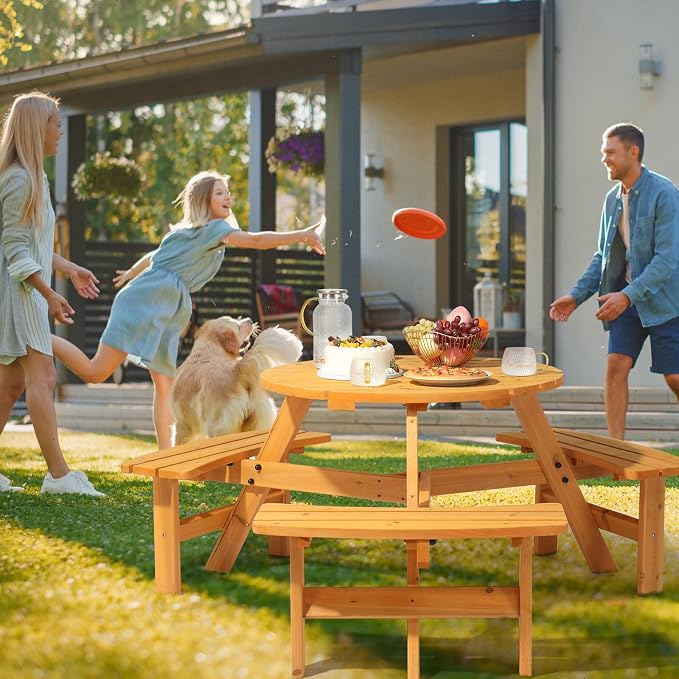 Outdoor Picnic Table Set,6-Person Outdoor Circular Wooden Picnic Table with 3 Built-in Benches, Outside Table and Bench Set for Porch Backyard Patio Lawn Garden