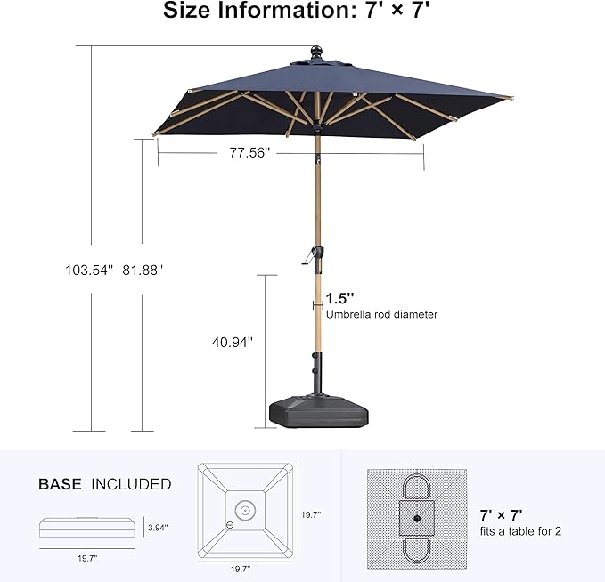 PURPLE LEAF 6.5' x 6.5' Patio Umbrella with Base Square Outdoor Table Umbrella Market Umbrella with Push Button Tilt & Crank and 8 Ribs Aluminum Outdoor Umbrella for Pool Backyard Beach, Navy Blue