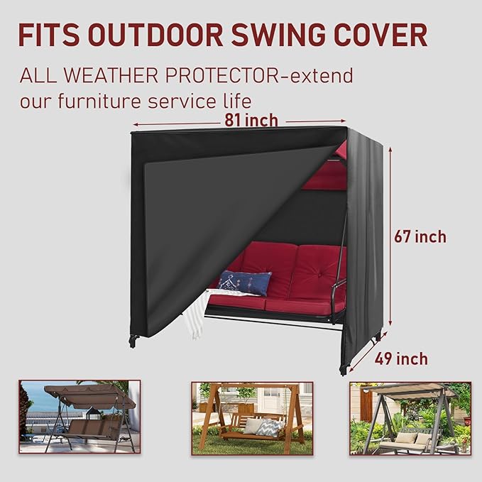 Outdoor Swing Cover Triple Seater Hammock Cover for Porch Swing Canopy Glider Chair and Other Patio Furniture Covers All Weather Protection (Black, 81L x 49D x 67H)