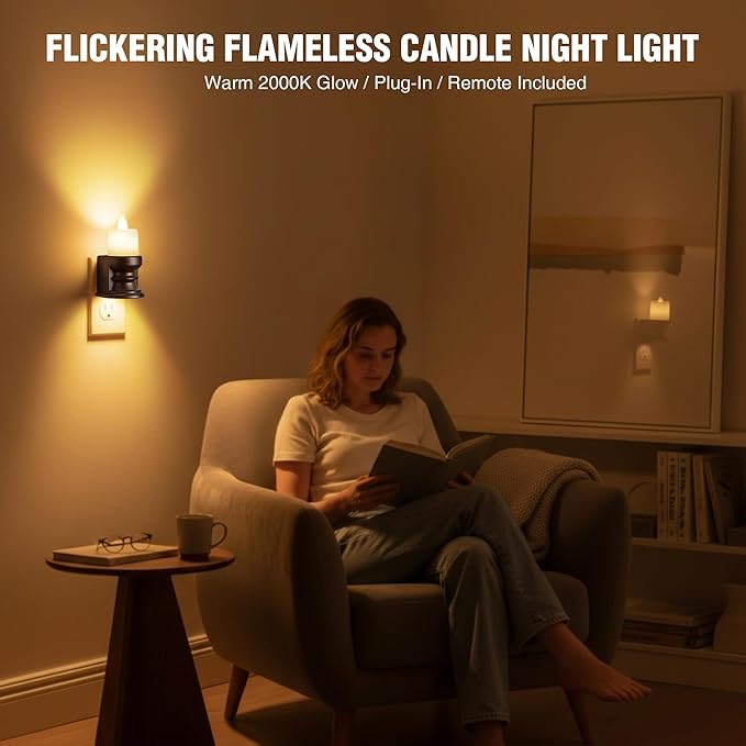 Meonum Flickering Flameless Candle Night Light Plug in, Dimmable LED Nightlight with Dusk to Dawn Sensor, Decorative Candle Light for Bedroom, Hallway, Bathroom(2 Pcs,Warm Yellow & Brown Base)