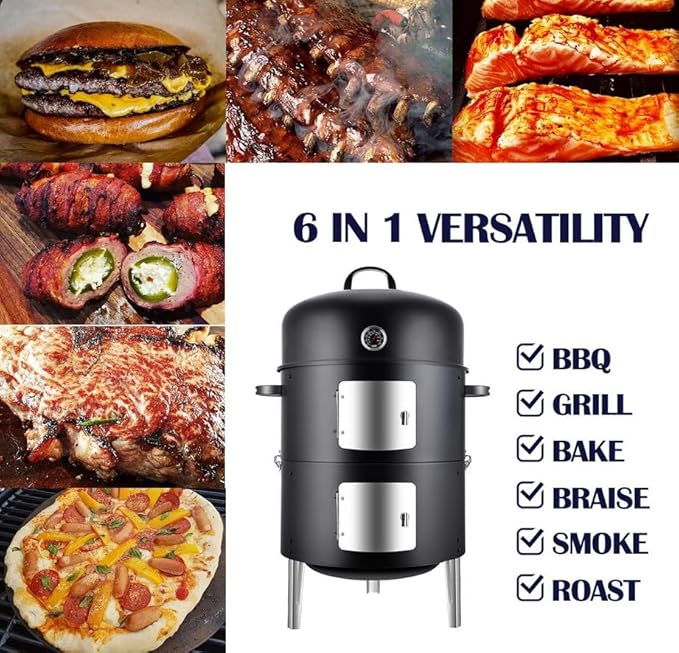 16" BBQ Smoker Grill Built in Thermometer, Air Vent and Two more biger Access Doors, Multi-Layer Meat Smoker Grill with 3 Heat-resistant Handles, Ideal for Outdoor Cooking, Camping, BBQ
